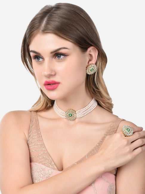 Zaveri Pearls Beige Multistrand Green Enamel Kundan Choker Necklace Earring  Ring Set-ZPFK14753