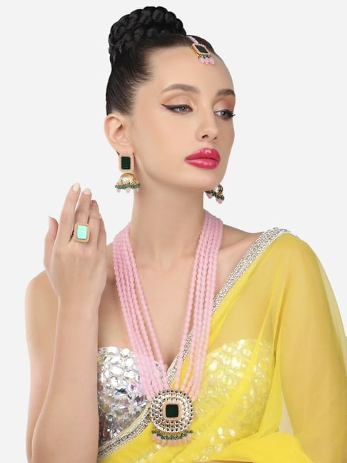 Buy Zaveri Pearls Pink Green Mirror Jewellery Set-ZPFK14601