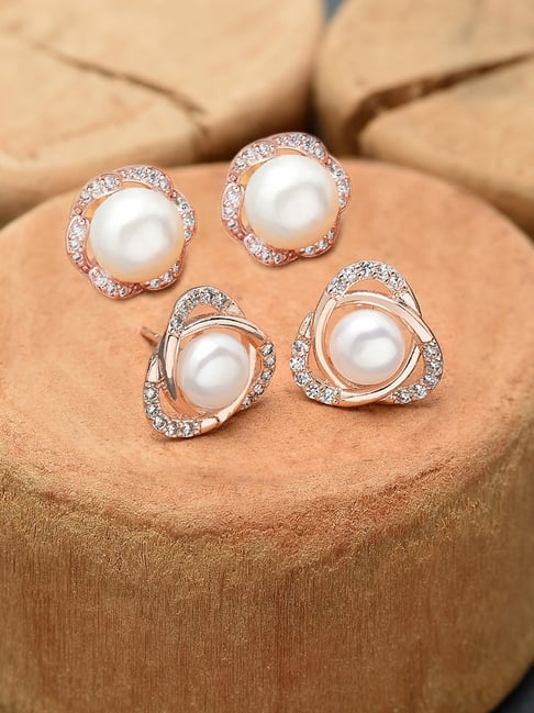 Set Of 4 Pearl Studs In Different Sizes & Rose Gold-Toned Pearl Studde