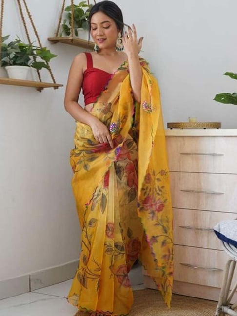 Yellow Soft Organza Silk Embroidery Work Saree – Anarkalion