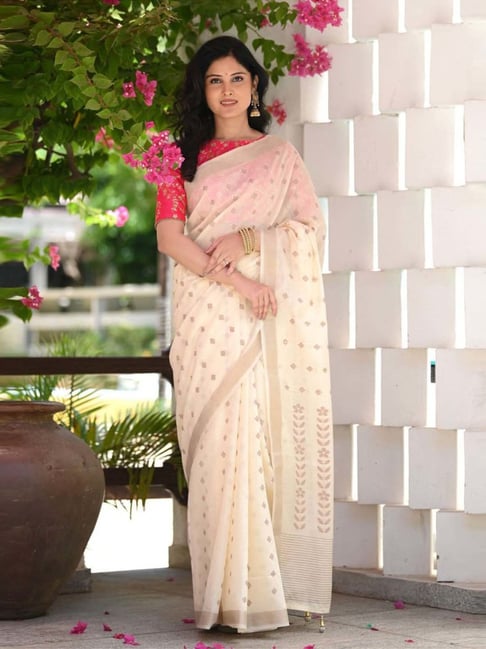 Off White Pink Border Color Saree With Copper Zari Weaving Banarasi Be –  garment villa