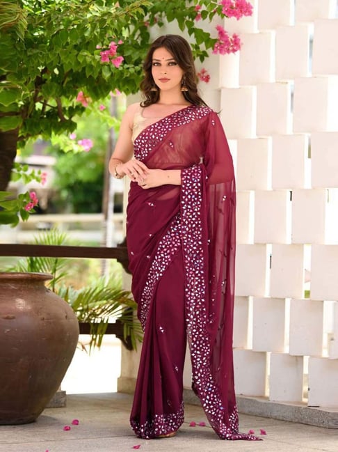 Women Wine Embroidered Georgette Saree with Net Blouse Piece–