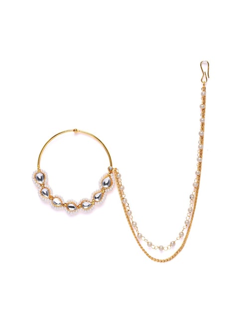 Zaveri Pearls Gold Tone Kundan & Pearls Bridal Collection Chain Linked NoseRing or Nath-ZPFK10290