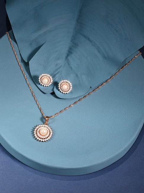 Zaveri Pearls Rose Gold Contemporary Cubic Zirconia Pearl Embellished Pendant & Chain-ZPFK16388-picture-31