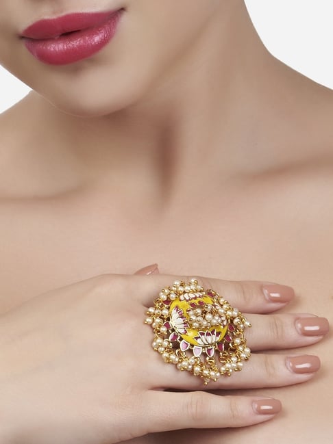 Buy Zaveri Pearls Gold Tone Clustered Pearls Circular Kundan Adjustable  Finger Ring (ZPFK9860) Online