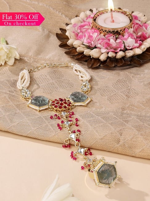 Zaveri Pearls Pink & Green Kundan & Pearls Elegant Ethnic Hand Harness-ZPFK14828-picture-44