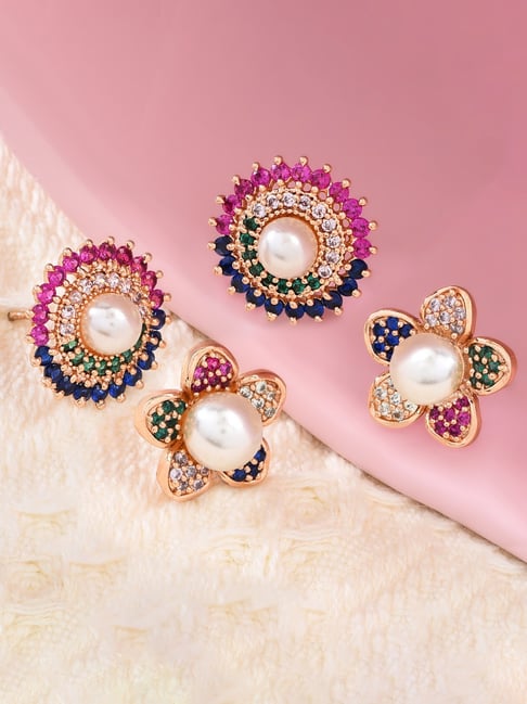 Zaveri Pearls Set of 2 Multicolor Cubic Zirconia Contemporary Stud Earrings-ZPFK13475-picture-26