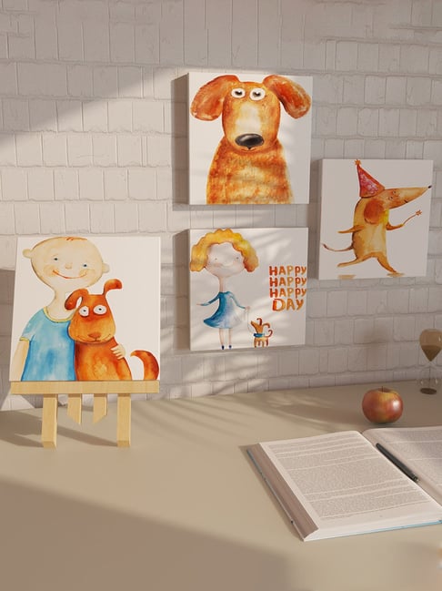 Art Street With Cartoon Strech Printed White Engineered Wood Wall Art with 1 Stand (Set of 4)-picture-22