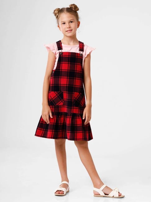 Kate Oscar Kids Red Black Cotton Chequered Dungaree