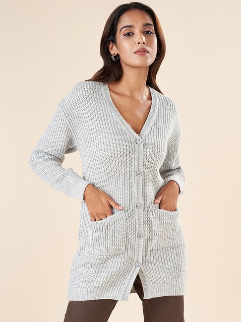 Akkriti by Pantaloons Grey Crochet Pattern Cardigan