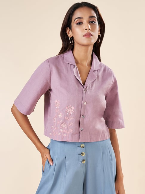Akkriti by Pantaloons Purple Cotton Embroidered Shirt-picture-17