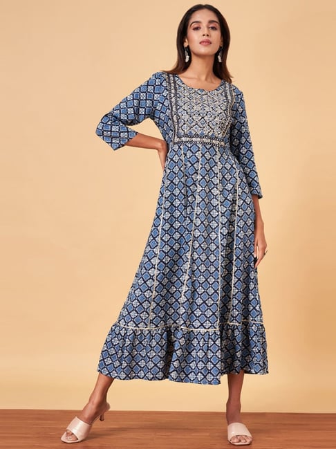 YU by Pantaloons Blue Embellished A-Line Dress