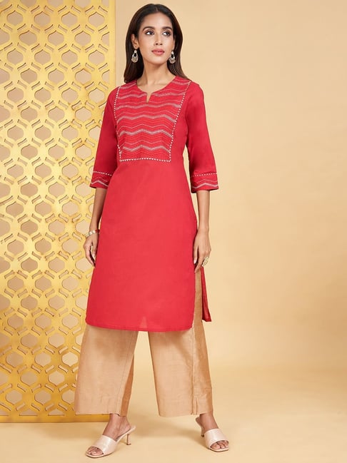 Rangmanch By Pantaloons Red Cotton Embroidered Straight Kurta