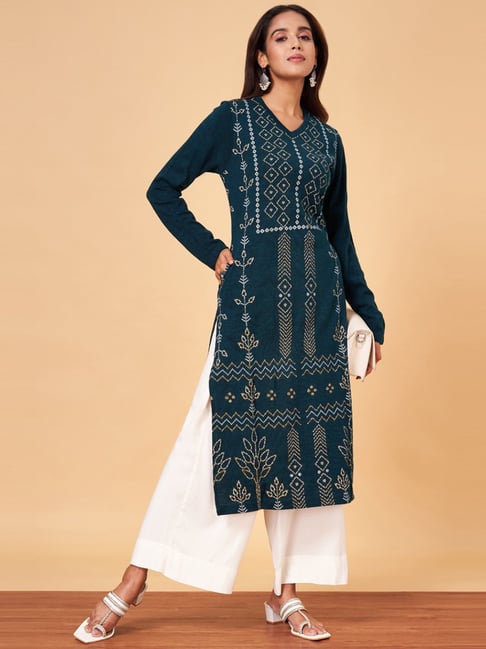 YU by Pantaloons Blue Printed Straight Kurta-picture-18