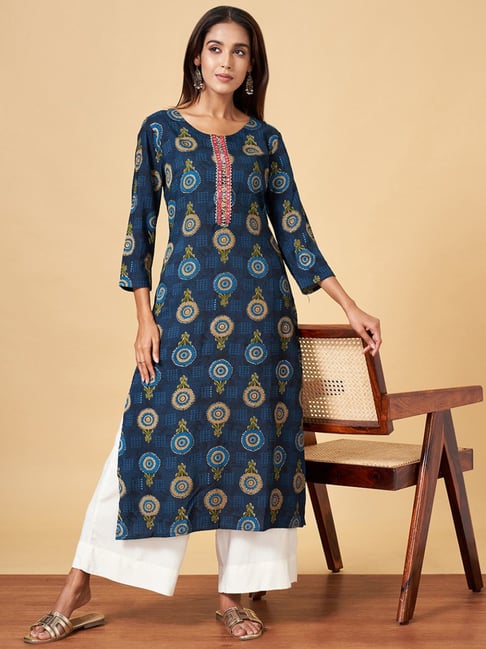 YU by Pantaloons Navy Printed Straight Kurta-picture-41