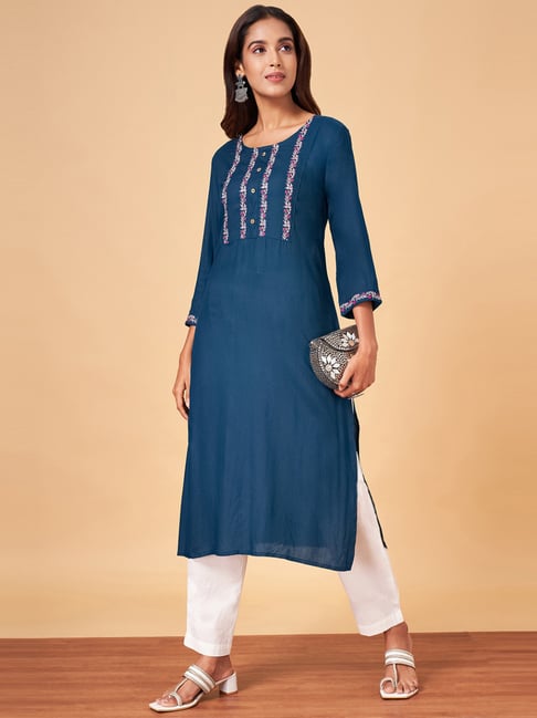YU by Pantaloons Navy Embroidered Straight Kurta-picture-10