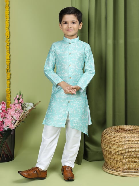 TABARD Kids Sky Blue & White Printed Full Sleeves Kurta with Pyjamas