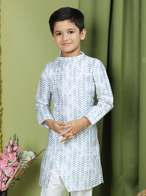 TABARD Kids White & Blue Printed Full Sleeves Kurta