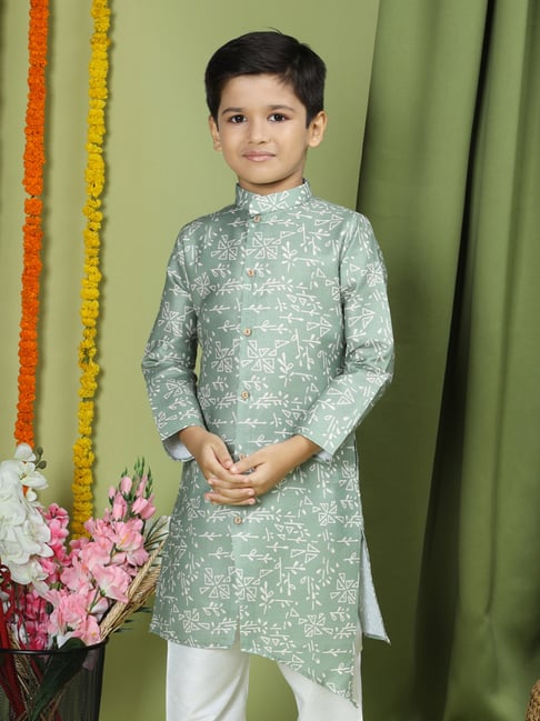 TABARD Kids Sage Green Printed Full Sleeves Kurta