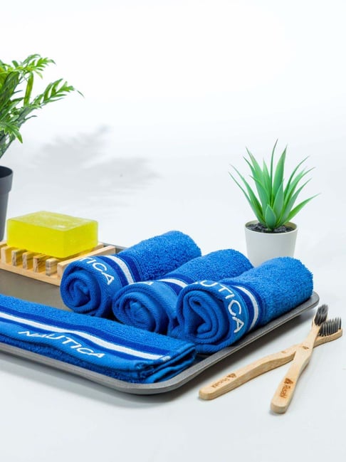 Nautica Vintage Crew Stripe Royal Blue Cotton 500 GSM Super Soft Zero Twist Face Towel - Set of 4