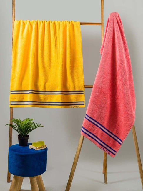 Nautica Vintage Crew Stripe Yellow & Coral Cotton 500GSM Super Soft Zero Twist Bath Towel - Set of 2-picture-26