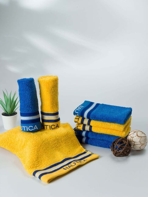 Nautica Vintage Crew Stripe Yellow & Royal Blue Cotton 500 GSM Zero Twist Face Towel - Set of 8-picture-11