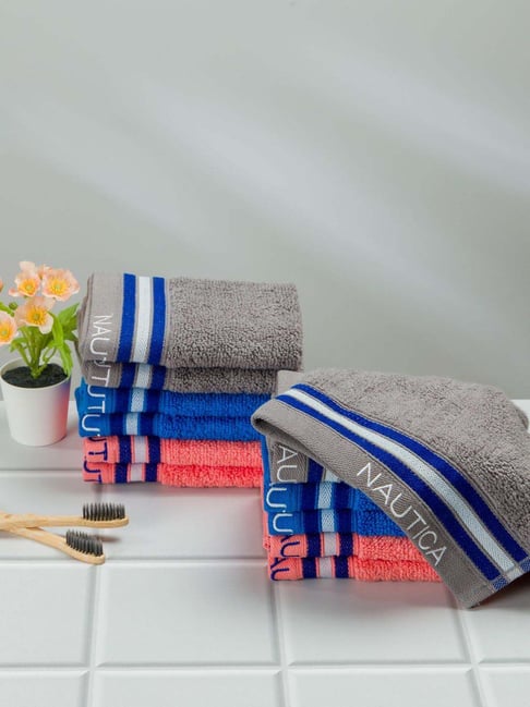 Nautica Vintage Crew Stripe Grey, Royal Blue & Coral Cotton 500GSM Zero Twist Face Towel - Set of 12-picture-41
