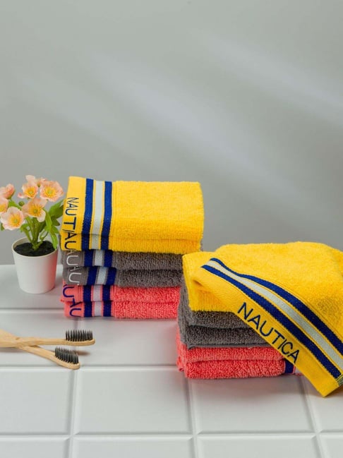Nautica Vintage Crew Stripe Yellow, Grey & Coral Cotton 500 GSM Face Towel - Set of 12-picture-20