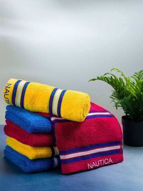 Nautica Vintage Crew Stripe Burgundy, Yellow & Royal Blue Cotton 500 GSM Hand Towel - Set of 6-picture-15