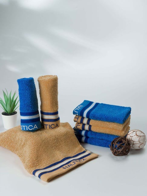 Nautica Vintage Crew Stripe Beige & Royal Blue Cotton 500 GSM Zero Twist Face Towel - Set of 8-picture-26