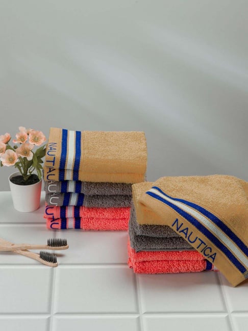 Nautica Vintage Crew Stripe Beige, Grey & Coral Cotton 500 GSM Face Towel - Set of 12-picture-14