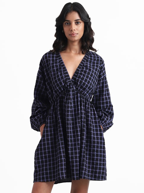 Nuon by Westside Dark Blue Checked Fit and Flare Dress
