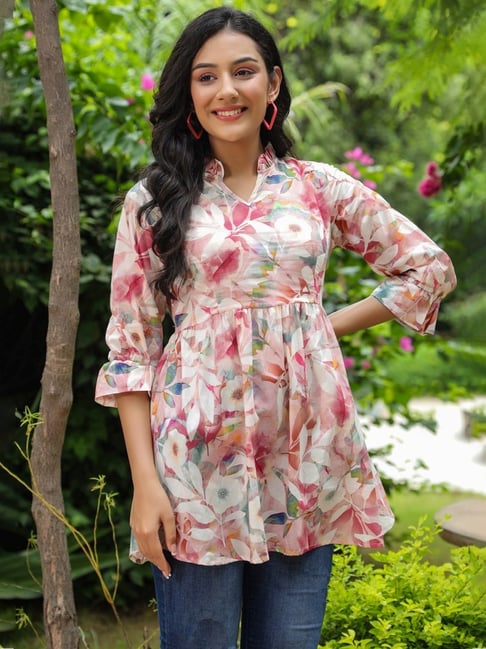 Rain and Rainbow Peach Cotton Floral Print A Line Short Kurti-picture-26