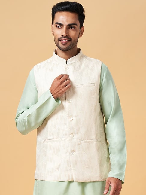 Digital Printed Cotton Nehru Jacket in Off White : MDW187