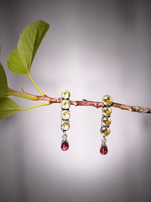 Imli Street Yellow-Pink Silver Tone Stone-Studded Handcrafted Dangler Earrings-picture-16