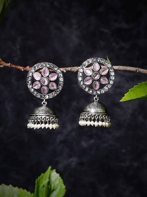 Imli Street Pink-Green Silver Tone Stone-Studded Handcrafted Jhumki Earrings-picture-11