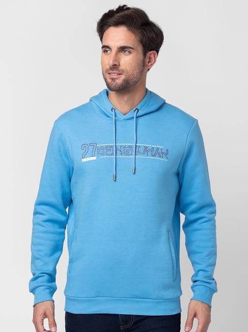 Being Human Blue Regular Fit Printed Hooded Sweatshirt