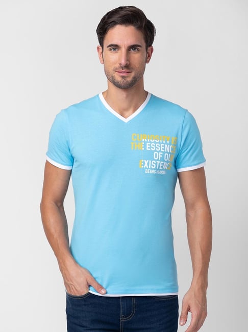 Being Human Blue Regular Fit Printed V Neck T-Shirt