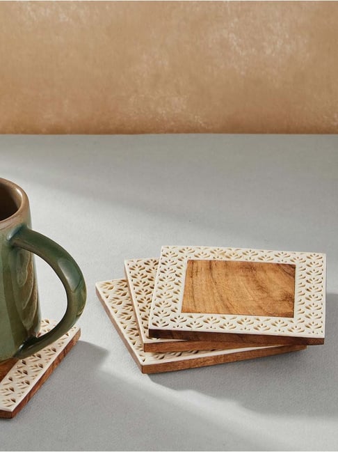 Fabindia Brown Wood Aavegh Cutwork Coasters - Set of 4