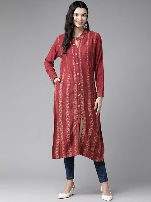 Buy Woolen Kurti Floral Printed and Long Sleeves for Women's Winter Wear  Traditional Dress A-Line Long Kurti by ONLY for Beautiful (Small, Saddle  Tan) at Amazon.in