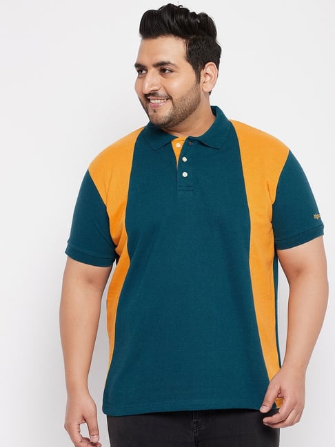 Bigbanana Teal Yellow Cotton Regular Fit Colour Block Plus Size Polo  T-Shirt