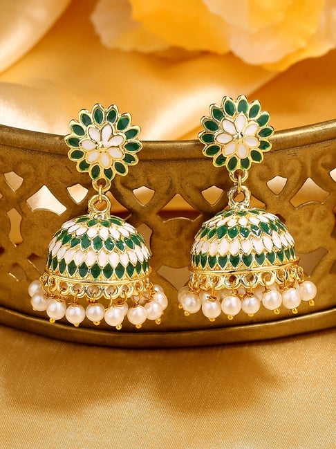 Enchanting AD & CZ Stone Embedded Circle Design Green Meenakari Jhumka  Earrings -