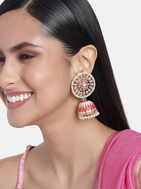 Estele Gold-Plated Traditional Red Meenakari Kundan Jhumki Earrings-picture-35