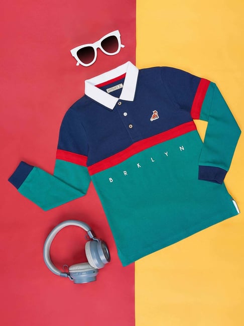 Pantaloons Junior Green Navy Cotton Color Block Full Sleeves Polo T-Shirt