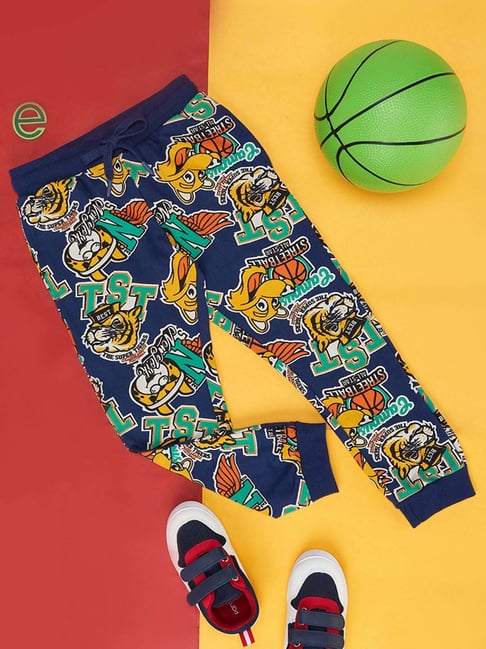 Pantaloons Junior Navy & Yellow Cotton Printed Trackpants-picture-29
