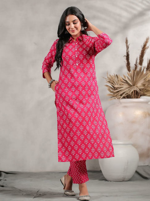 Anubhutee Pink Cotton Floral Print Kurta Pant Set