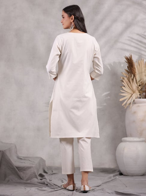 Anubhutee White Cotton Kurti Pant Set