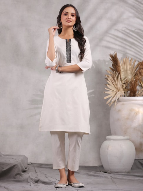 White Cotton A-line Kurti With Ankle Length Palazzo