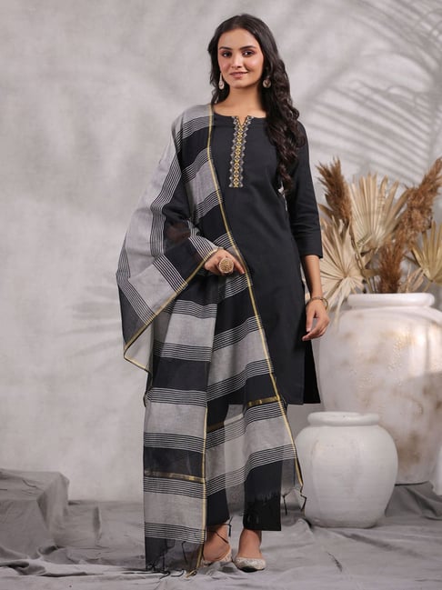 New Light Black Colour Embroidered Stitched New Style Long Suit With Dupatta