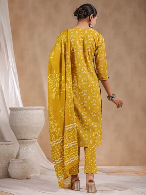 Juniper Mustard Ethnic Motif Printed Kurta, Pant And Dupatta Set With Tassels & Buttons.